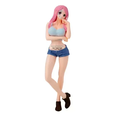 Figura de colecionador de personagem feminina com cabelo rosa e roupa azul
