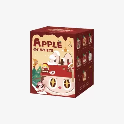 Caixa de produto com ilustração de personagem branco com olhos em estrela e texto APPLE OF MY EYE