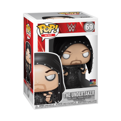Figura Funko Pop WWE The Undertaker vestindo roupa preta com capuz em embalagem
