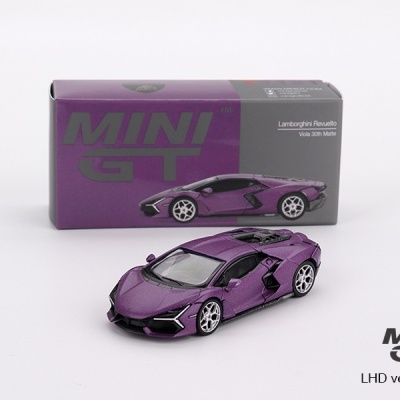 Miniatura de carro Lamborghini Revuelto violeta mate com caixa MINI GT
