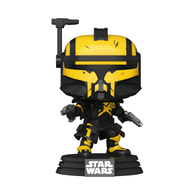 Figura Funko Pop Star Wars com capacete preto e amarelo e base preta
