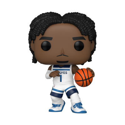 Figura colecionável de jogador de basquetebol com uniforme branco e azul segurando bola.