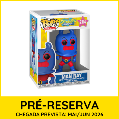 Figura Funko Pop Man Ray da SpongeBob SquarePants na caixa com aviso de pré-reserva e data de chegada prevista.