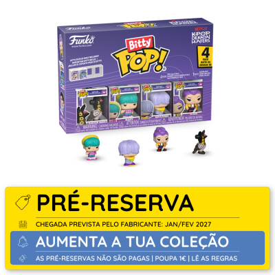 Caixa roxa de figuras Bitty Pop! KPOP Demon Hunters com quatro bonecos à frente.