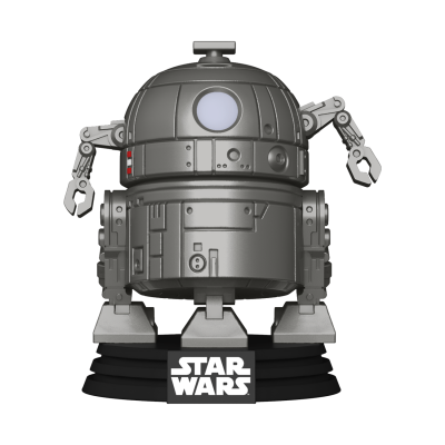 Figura robô metálico cinzento com base preta e inscrição STAR WARS