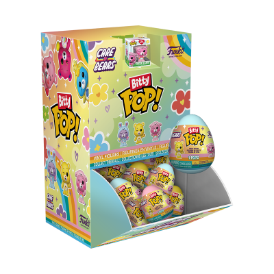 Caixa colorida com figuras colecionáveis Bitty Pop! da Care Bears e esfera com personagem Cheer Lamb.