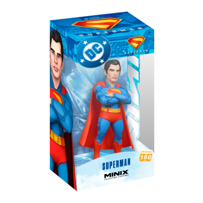 Figura colecionável do Superman na caixa Minix azul e vermelha.