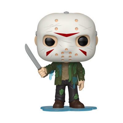 Figura Funko Pop com máscara de hóquei branca e roupa rasgada segurando faca