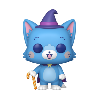 Figura Funko Pop de gato azul com chapéu e capa de bruxo roxos e bastão listrado