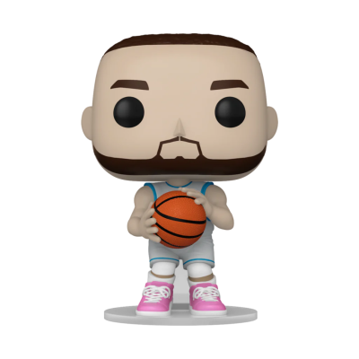 Figura Funko Pop jogador basquetebol de roupa azul e ténis rosas segurando bola laranja