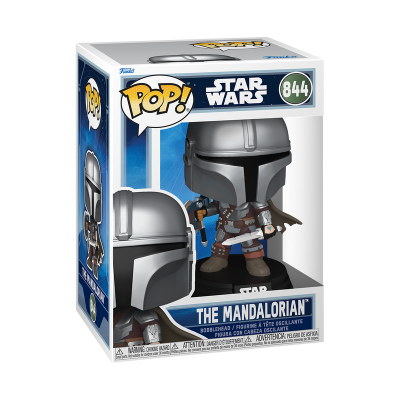 Figura Funko Pop The Mandalorian Star Wars nº 844 numa caixa com janela de plástico.