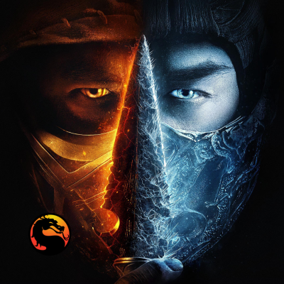 Dois rostos de homens com máscaras separadas por uma lâmina, um em tons laranja e outro em tons azul, com símbolo de dragão no canto