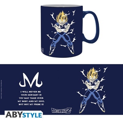 Caneca azul escura com personagem Vegeta Super Saiyajin e textos inspiradores Dragon Ball Z