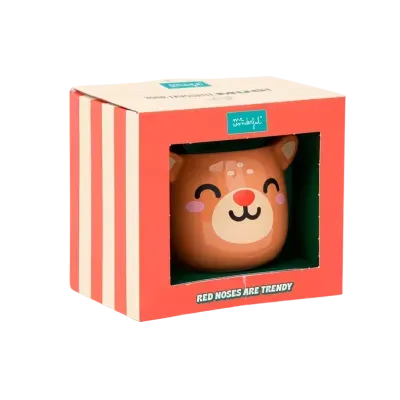 Caneca com rosto de urso em caixa com janela, frase RED NOSES ARE TRENDY