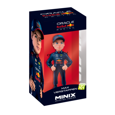 Figura colecionável de Max Verstappen com fato de corrida azul na caixa