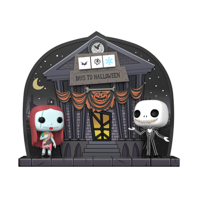 Figuras Funko POP de Sally e Jack Skellington frente a casa assombrada com contador de dias para Halloween