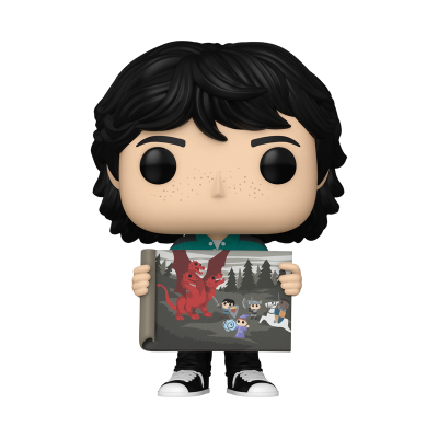Funko Pop com cabelo preto segurando um livro com dragão vermelho e personagens