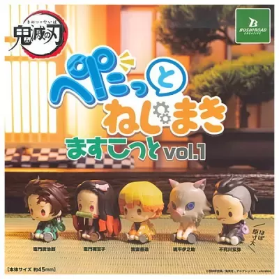 Cinco mini-figuras anime coloridas em ambiente interior com texto japonês e logótipo Bushiroad Creative.