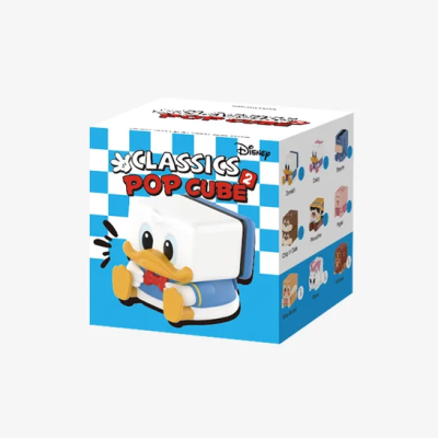 Embalagem de brinquedo Disney Classics Pop Cube 2 com personagem branco e fundo riscas azuis e brancas