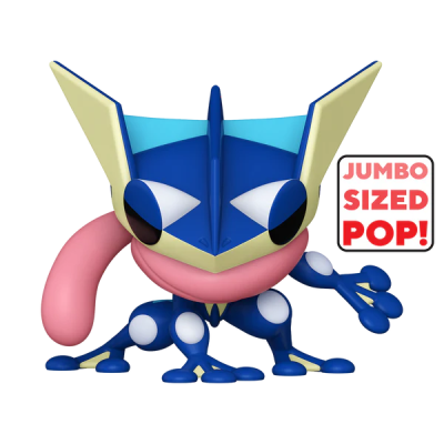 Figura colecionável de vinil azul e branco do personagem Greninja com língua rosa enrolada