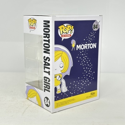 Caixa de brinquedo POP! Morton Salt Girl número 84 com ilustração da personagem e letras pretas e amarelas