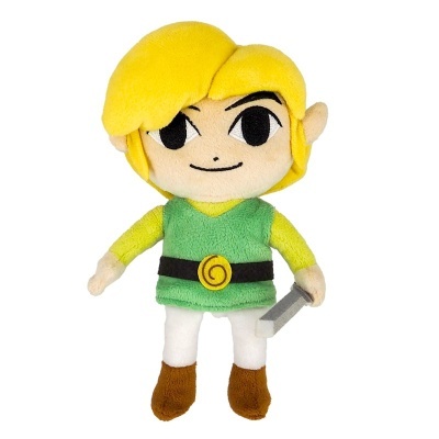 Peluche de personagem com cabelo amarelo, roupa verde e espada cinzenta