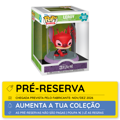 Boneco Funko Pop Deluxe Leroy vermelho em caixa com etiqueta de pré-reserva em português