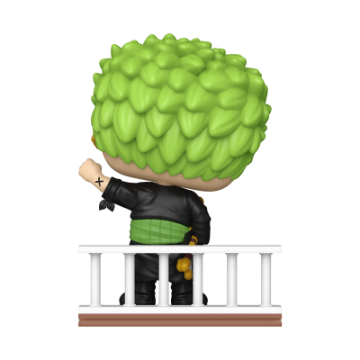 Figura Funko Pop com cabelo verde e roupa preta, vista de trás apoiada numa grade branca.