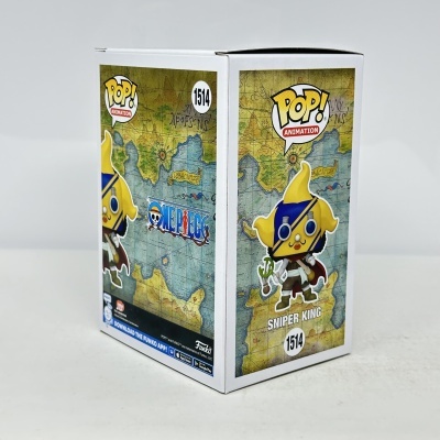 Caixa Funko Pop! Sniper King One Piece número 1514 com fundo de mapa antigo