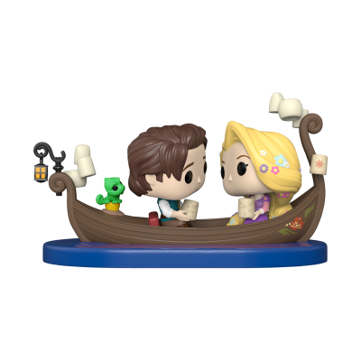 Figuras Funko Pop casal no barco de madeira com pato verde e velas brancas