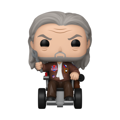 Boneco Funko Pop homem com cabelo cinzento, casaco castanho e cadeira de rodas.