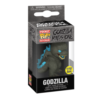 Chaveiro Godzilla de vinil em caixa preta com texto branco e amarelo