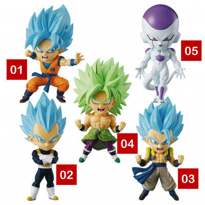 Cinco bonecos colecionáveis chibi Dragon Ball com cores vibrantes e poses de ação numerados de 01 a 05