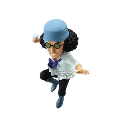 Figura colecionável Banpresto de personagem com cabelo cacheado, boné azul e óculos redondos