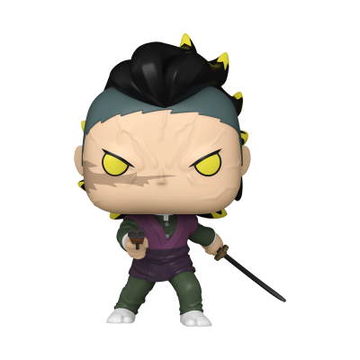 Figura colecionável Funko Pop de personagem com cabelo preto e amarelo, roupa verde e roxa, segurando arma e espada