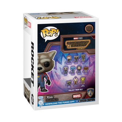 Caixa Funko Pop Rocket Guardianes da Galáxia Marvel com fundo galáctico