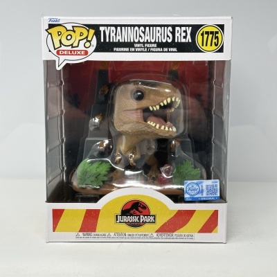 Figura Funko POP Deluxe Tyrannosaurus Rex em caixa transparente com detalhes Jurassic Park