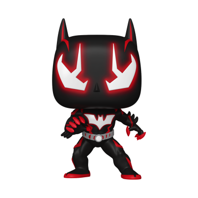 Figura de personagem Funko Pop em fato preto e vermelho com olhos brilhantes e símbolo de morcego no peito