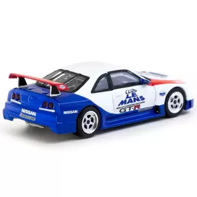 Miniatura Nissan GT-R cor branca, azul e vermelha com texto Club Le Mans.