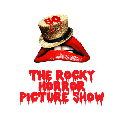 Lábios vermelhos com chapéu dourado e texto THE ROCKY HORROR PICTURE SHOW em vermelho