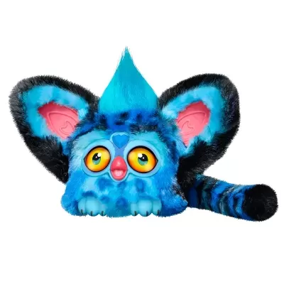 Boneco de peluche azul com orelhas largas e olhos grandes amarelos