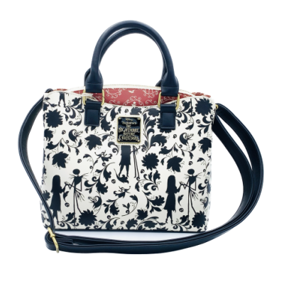 Mala de mão padrão floral preto e branco com figuras femininas e correia azul escuro