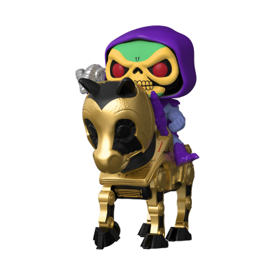 Figura colecionável de Esqueleto com capuz roxo num cavalo robótico dourado e preto