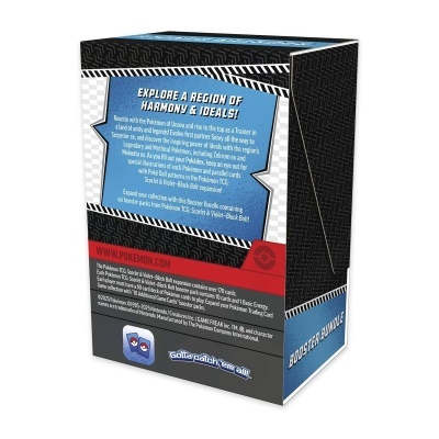 Embalagem de produto Pokémon com texto em inglês e padrão preto com linhas brancas