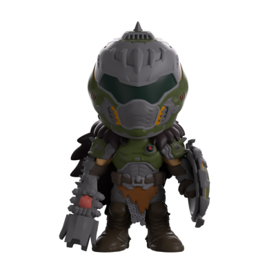 Figura colecionável de personagem com armadura verde e cinza, capacete e escudo