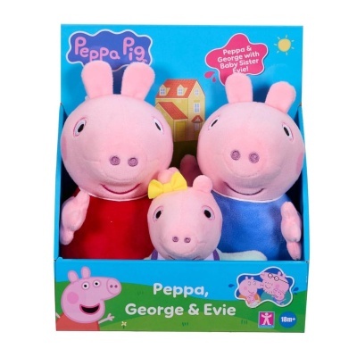 Peluches Peppa Pig Peppa, George e Evie em caixa azul colorida