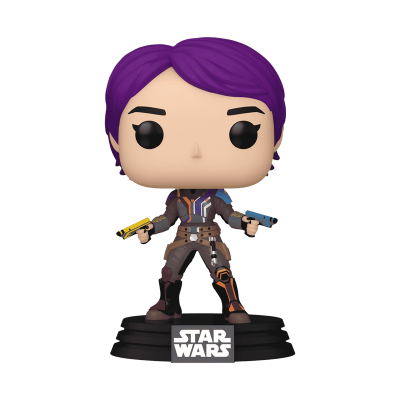 Figura Funko Pop Star Wars com cabelo roxo e pistolas coloridas