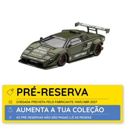 Miniatura de carro Liberty Walk verde com textos e aviso de pré-reserva em fundo branco