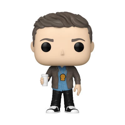 Figura Funko Pop com jaqueta castanha e copo na mão