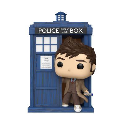 Figura Funko Pop do Doutor a sair de cabine de polícia azul com texto POLICE PUBLIC CALL BOX